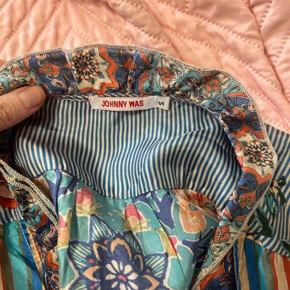 Johnny Was Ophelia Silk Striped Printed Flowy Oversized Blue Blouse Size S - Picture 4 of 14